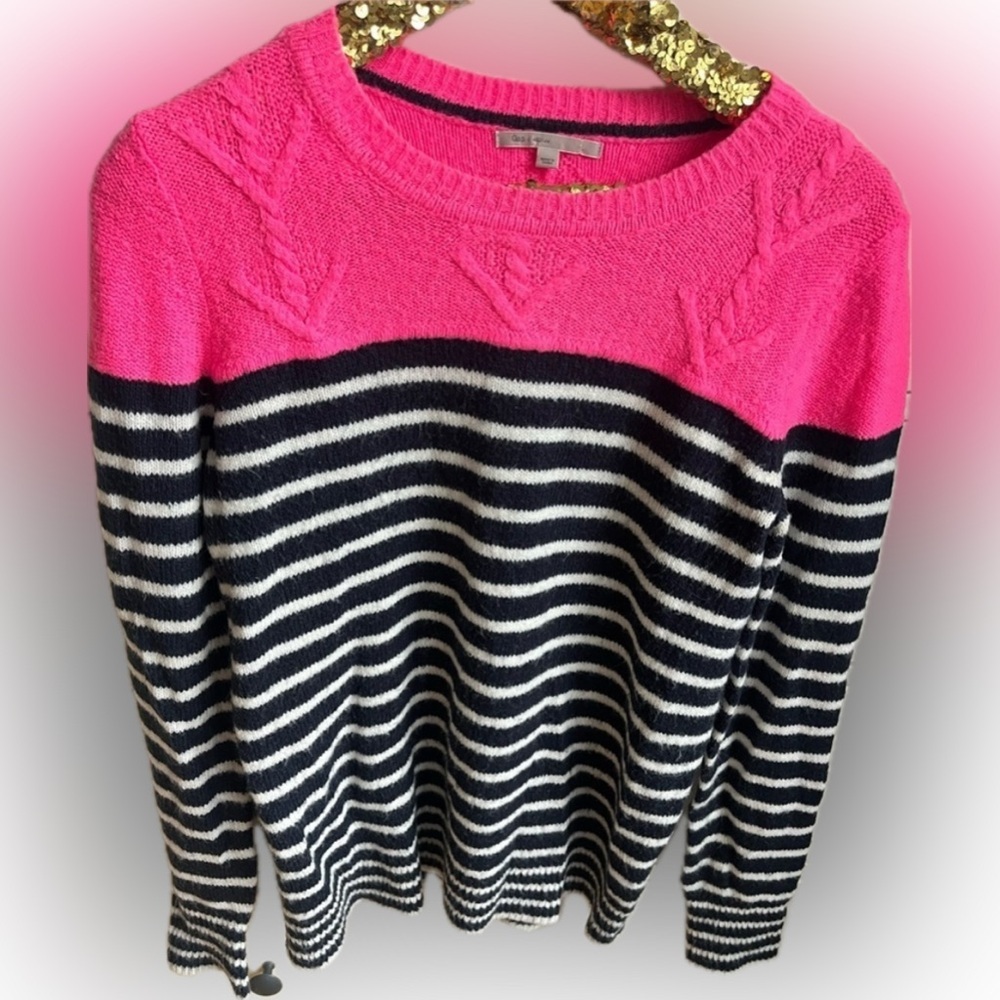 Gap Hot Pink Navy and White Cable Knit Striped Sweater